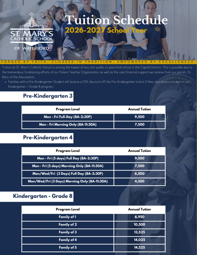 Tuition schedule for the 2026–2027 school year at St. Mary’s Catholic School of Waterford